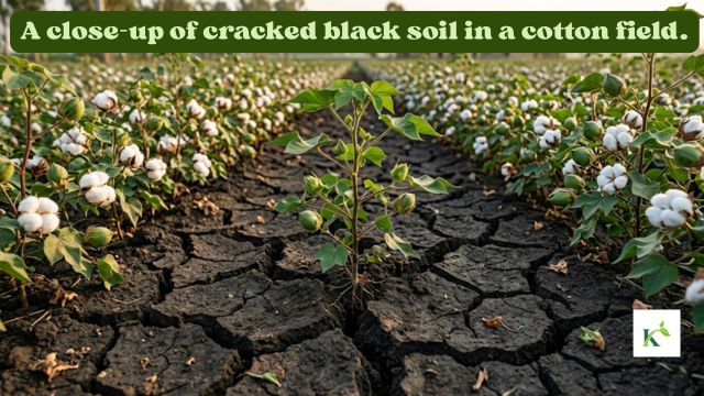 A close-up of cracked black soil in a cotton field